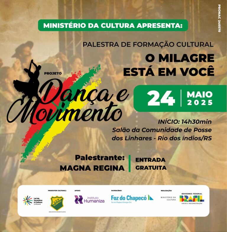 O milagre está em você: palestra gratuita chega a Rio dos Índios (RS) pelo projeto Dança e Movimento